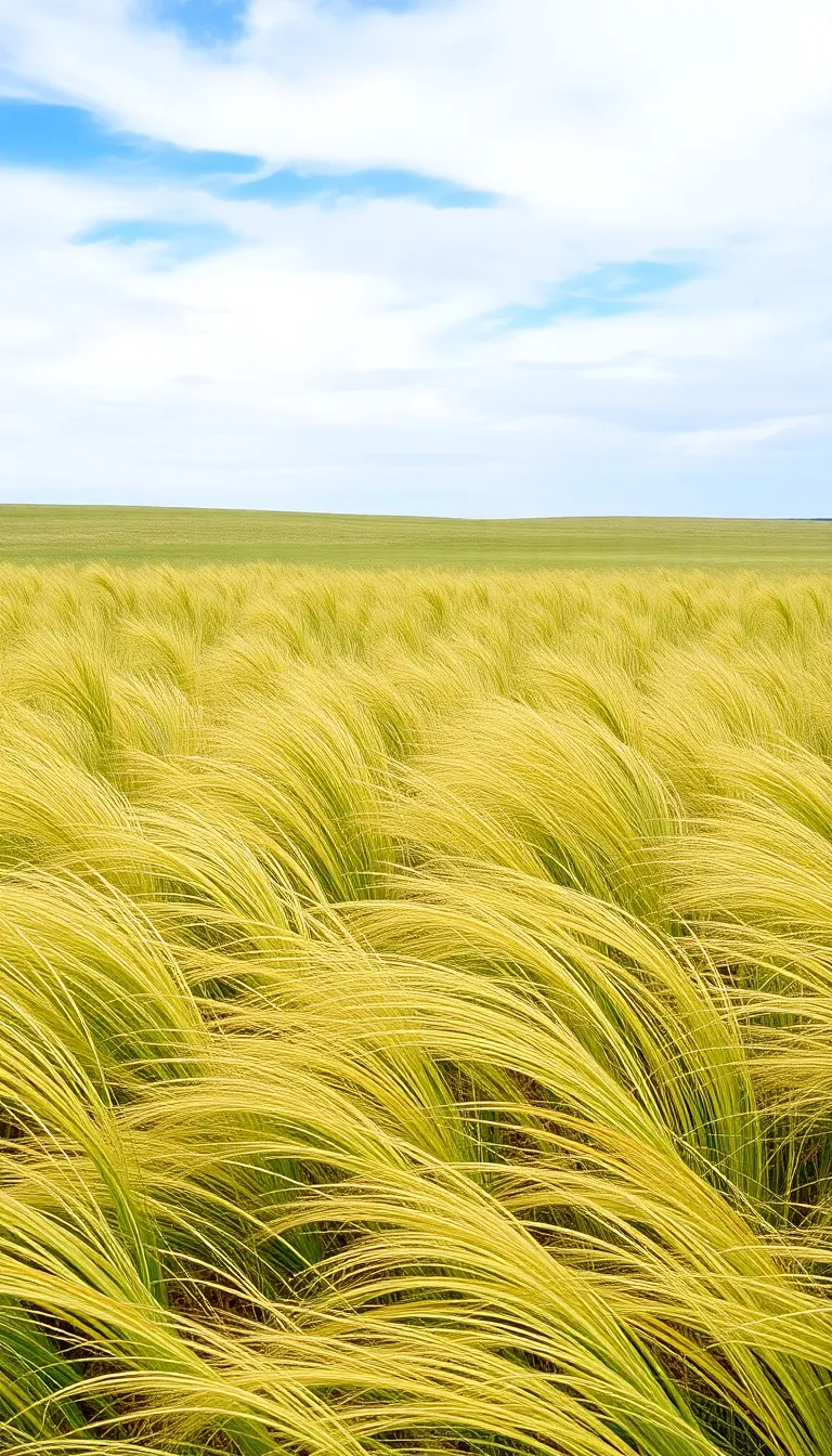 A vast field of golden wheat swaying gently in the breeze under a bright blue sky.