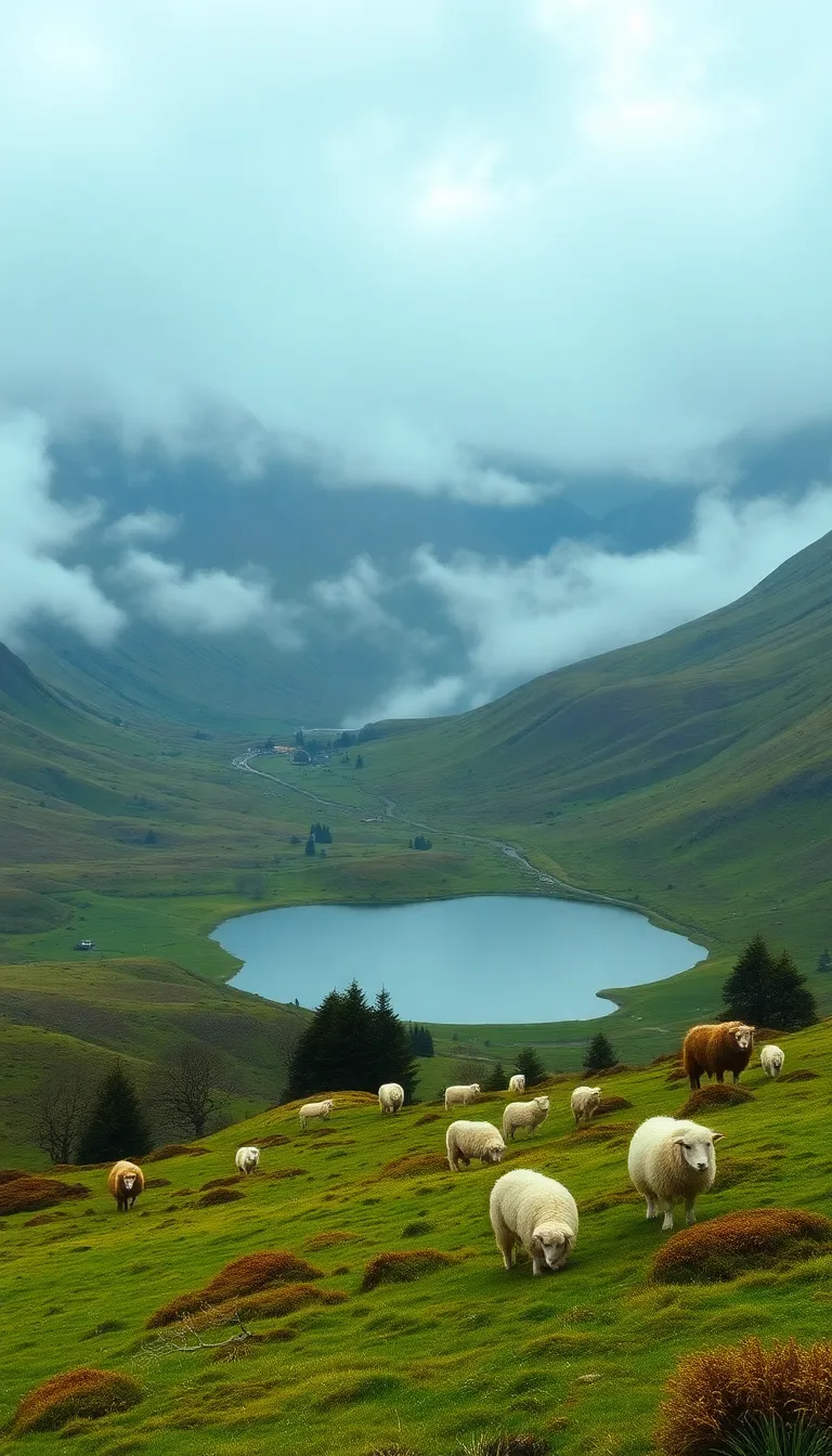 A serene mountain landscape with a crystal-clear lake and grazing sheep.