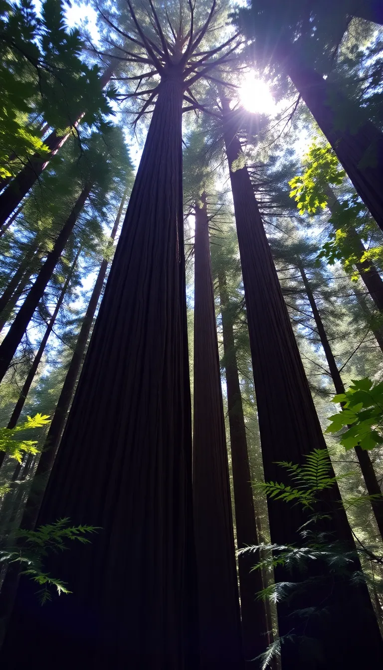 A forest of tall trees with sunlight filtering through the leaves.