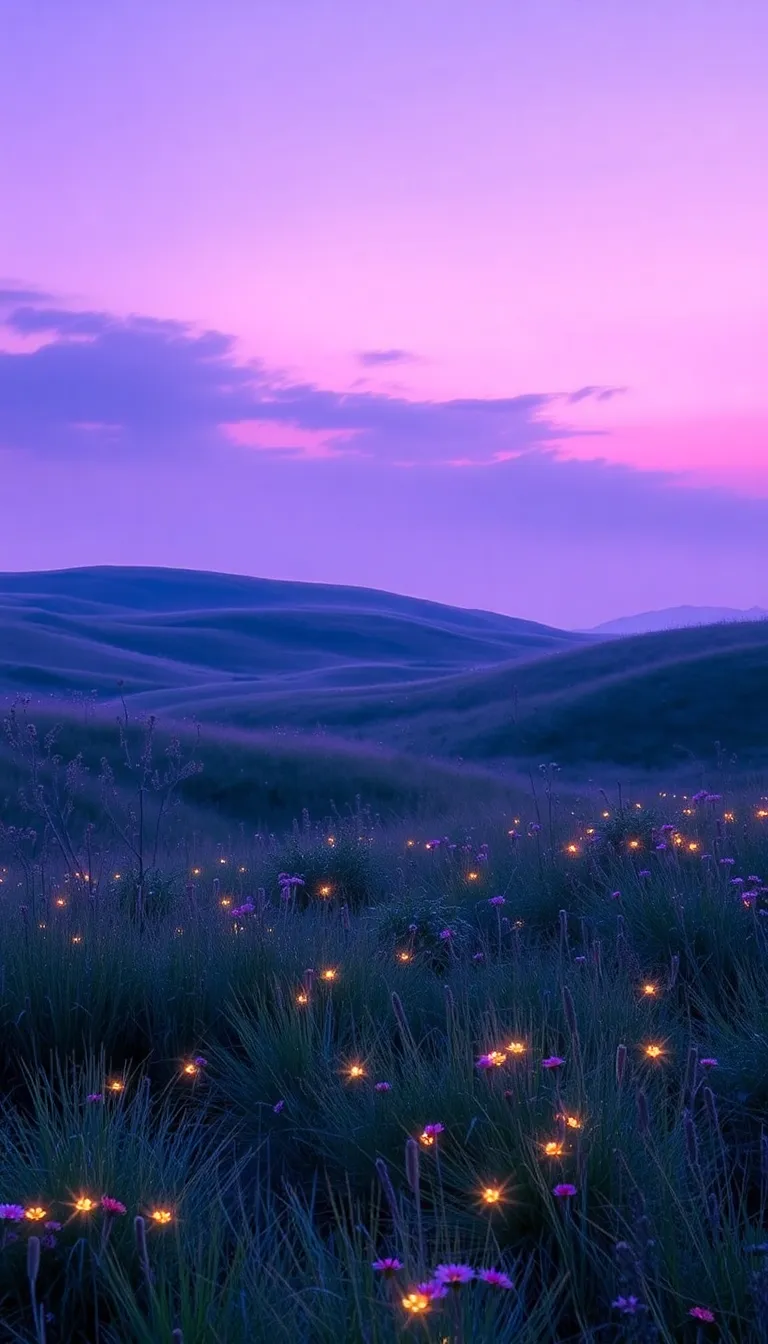 A surreal landscape with purple skies and glowing flowers.