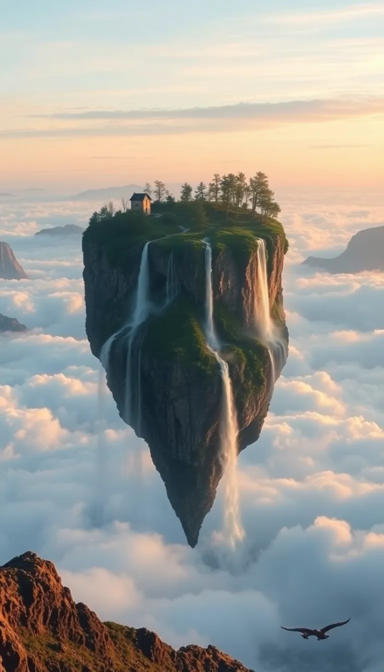 A mystical island floating in the clouds, shrouded in mist.