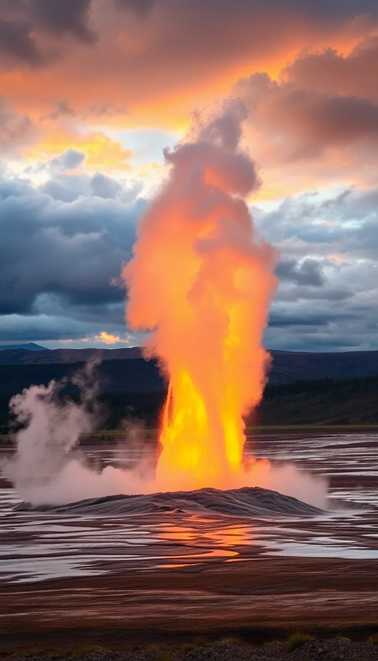 A fiery geyser erupting from a volcanic landscape.