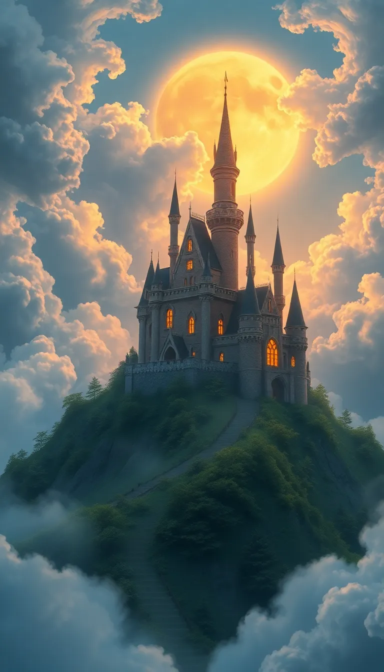 A majestic castle perched on a cloud-covered island, bathed in golden light.