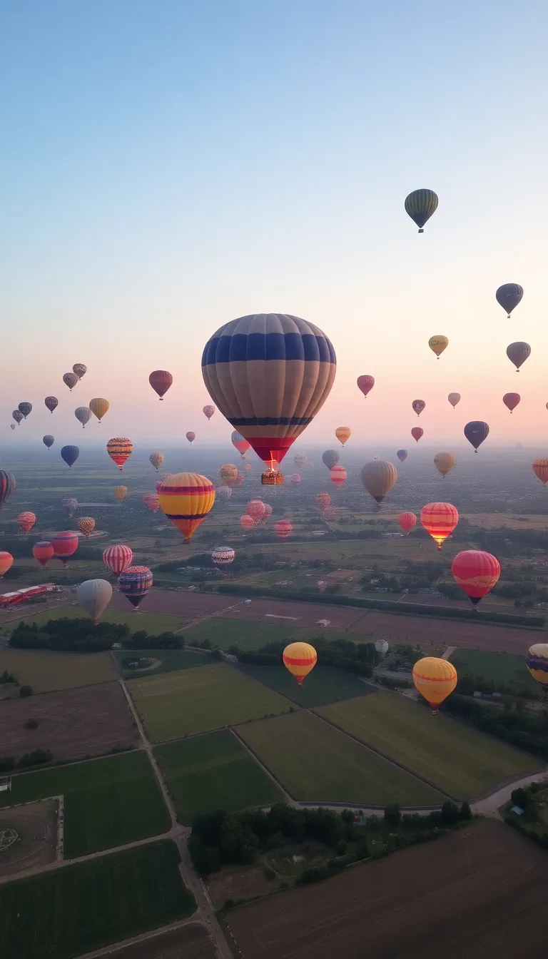 Colorful hot air balloons drifting across a scenic landscape at sunrise.