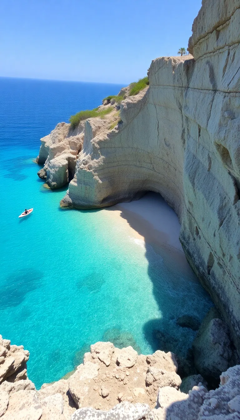 A stunning view of a secluded beach with crystal-clear turquoise water.