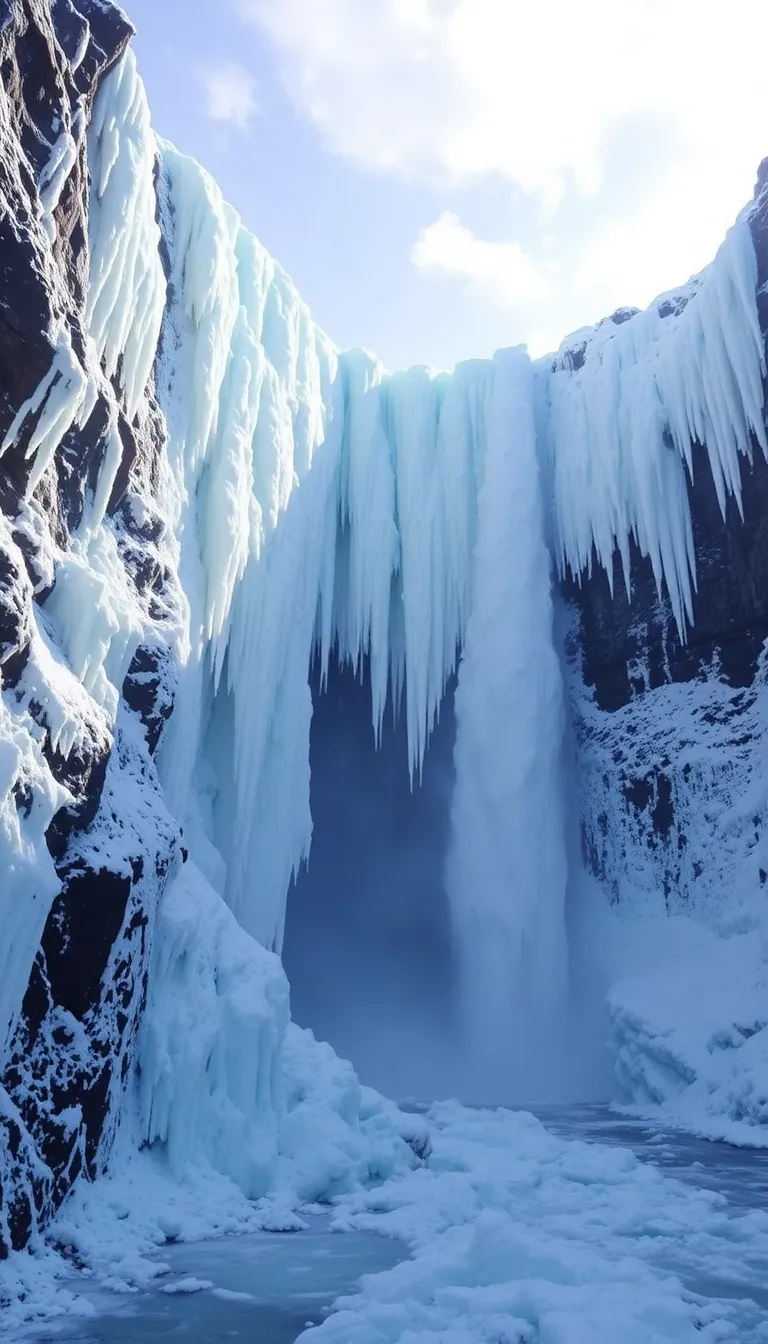 A frozen waterfall cascading down a snow-covered cliff.