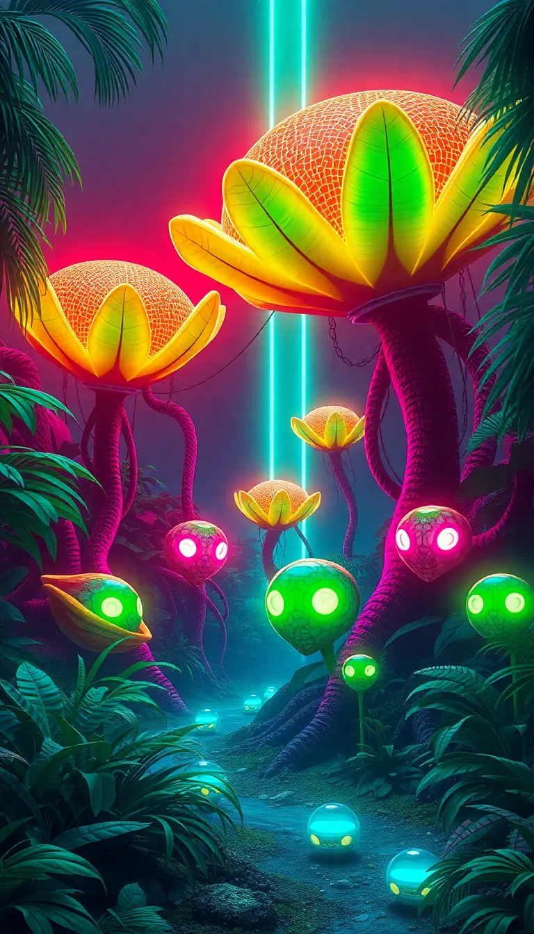 A futuristic landscape with glowing flowers and flying creatures.