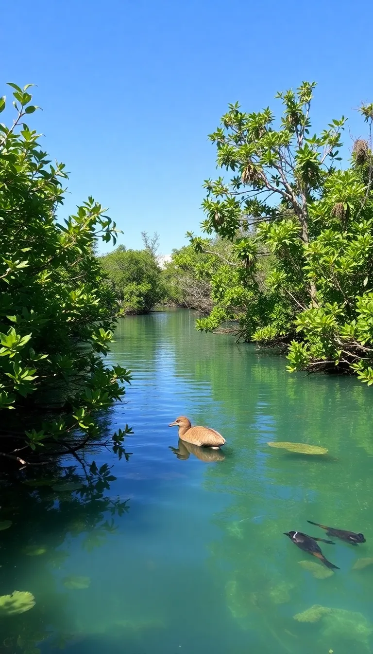 A tranquil river winding through a lush green mangrove forest.