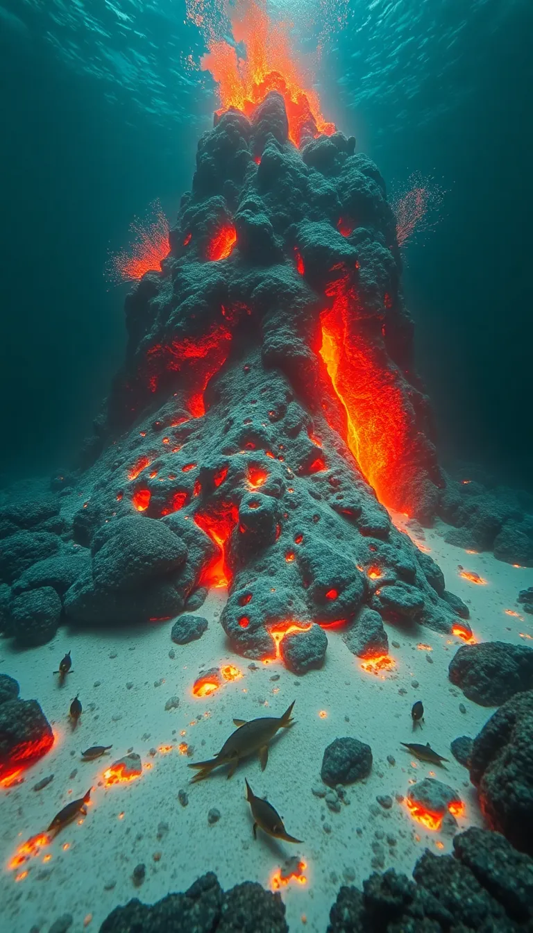 A fiery underwater volcanic eruption with lava flowing through the ocean.