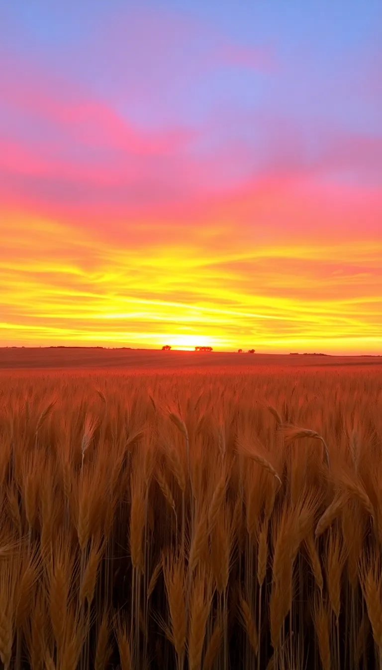 A breathtaking sunset over a golden wheat field.