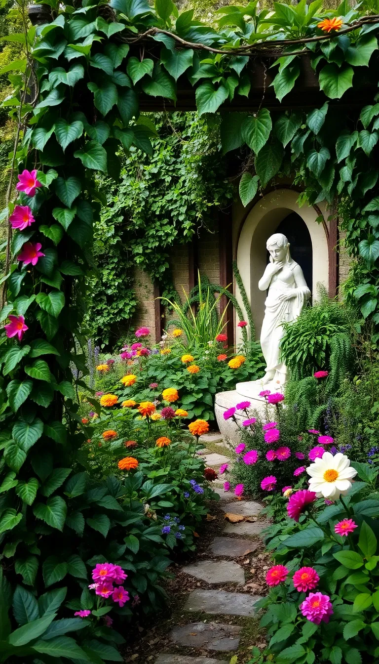 A hidden garden path leading to a secret grotto, surrounded by lush greenery.