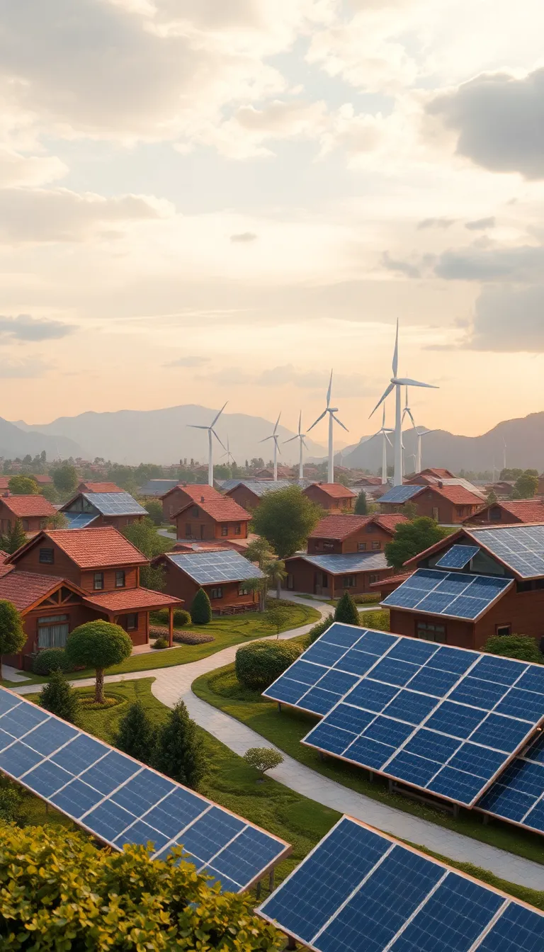 A rural village with rows of solar panels, showcasing renewable energy.