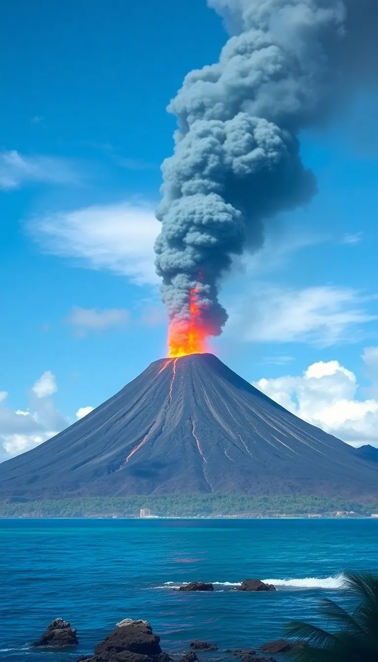 A dramatic volcanic eruption with smoke and lava flowing down the mountainside.