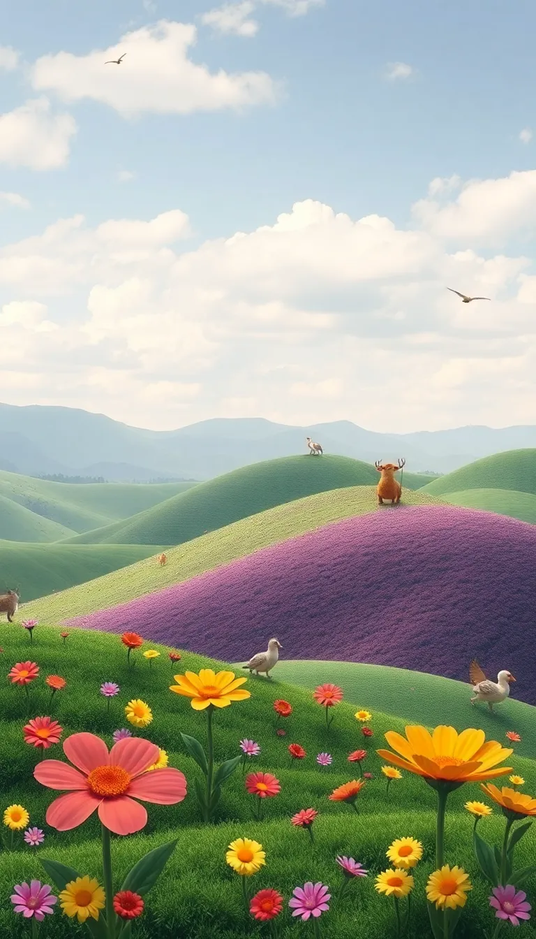 A picturesque meadow filled with colorful wildflowers, with a mountain range in the background.