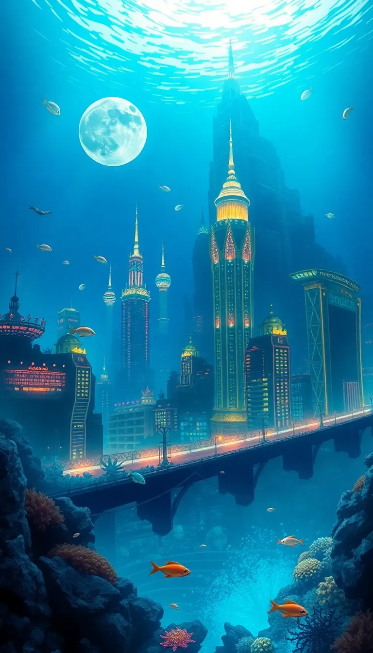 A surreal underwater city with a bridge connecting to the surface under a full moon.