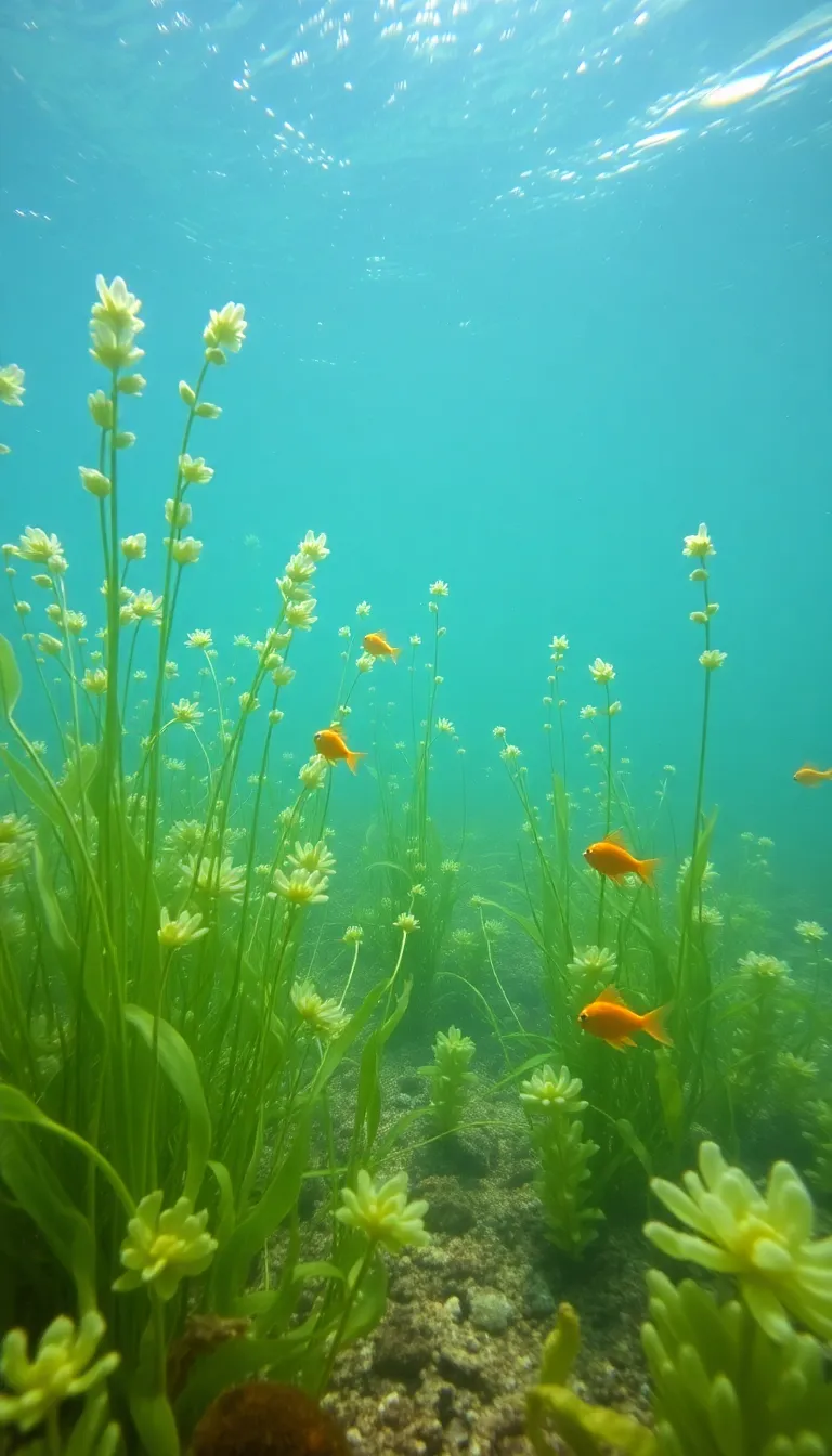 A vibrant underwater scene with colorful fish swimming among plants.