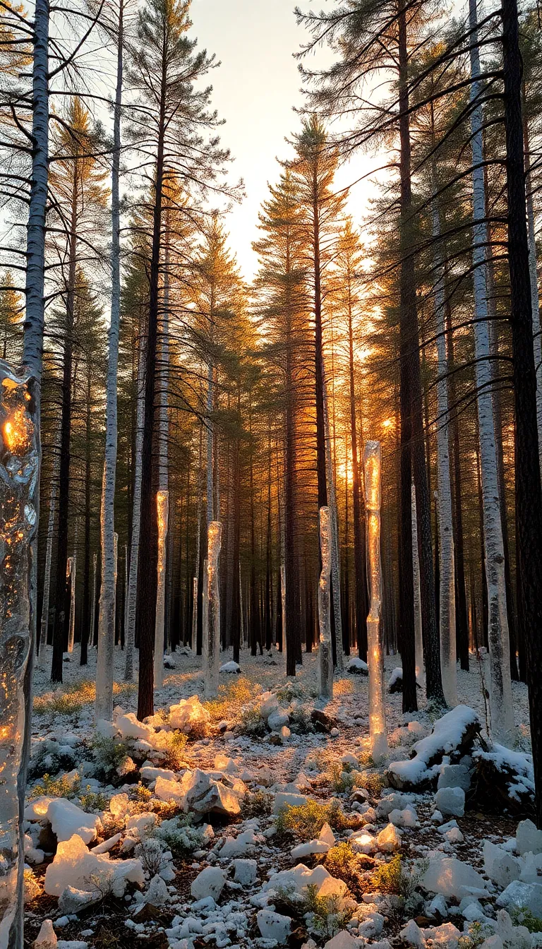 A sunlit forest path with golden leaves and tall trees.