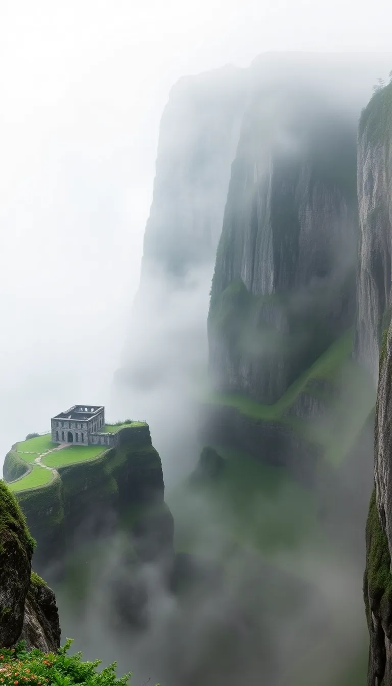 A dramatic mountainside shrouded in mist, with a sense of mystery.