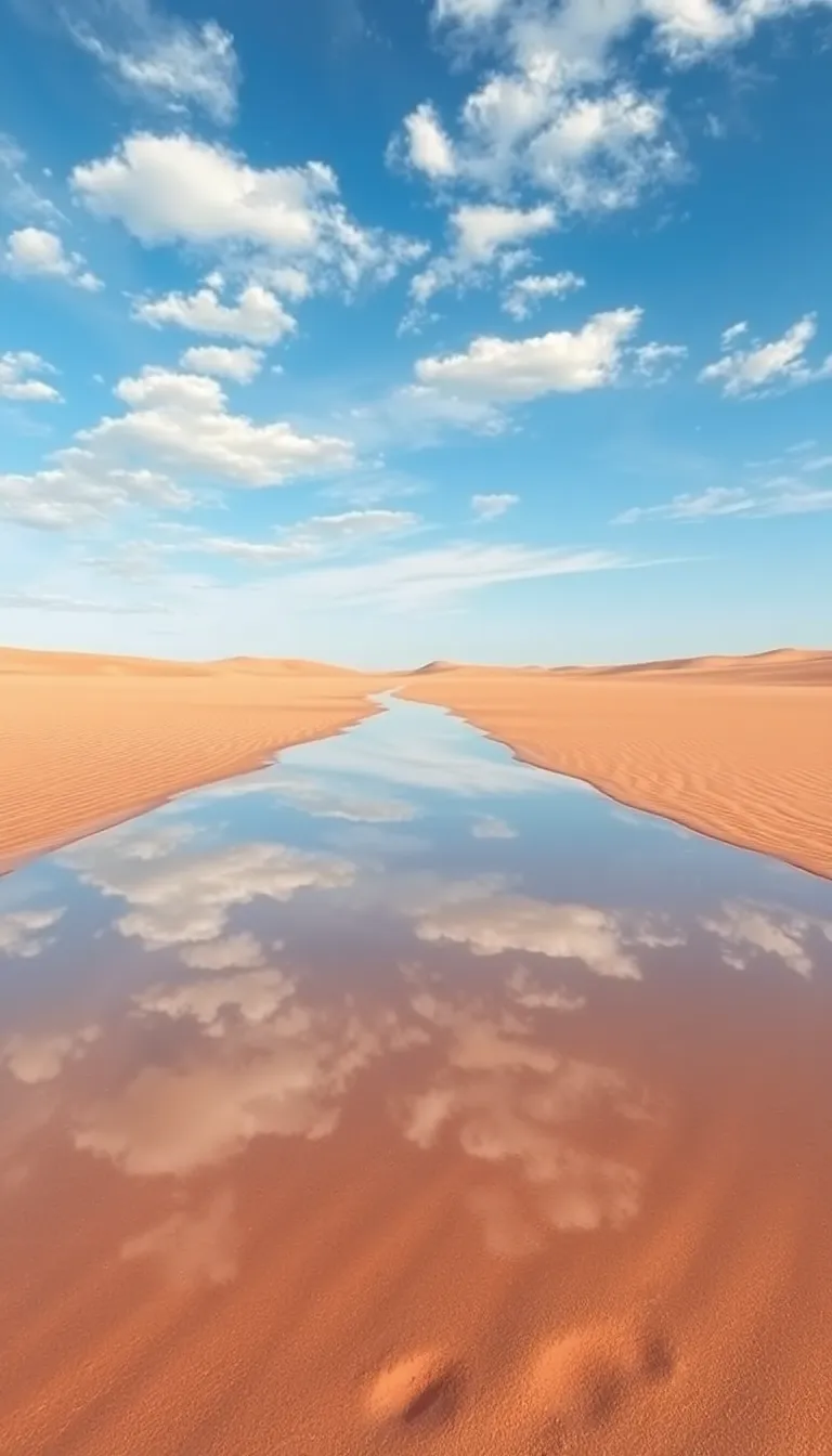 A vast desert landscape with a clear blue sky reflecting on the sand.