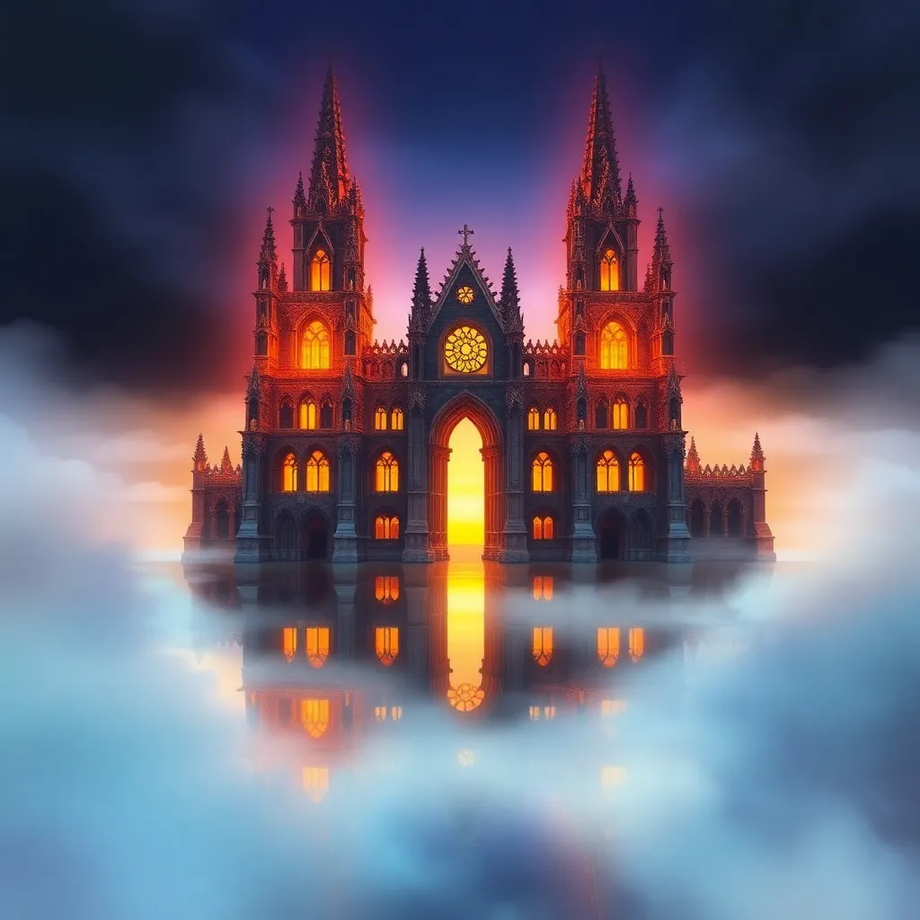 A gothic cathedral glowing with an eerie light amidst a stormy sky.