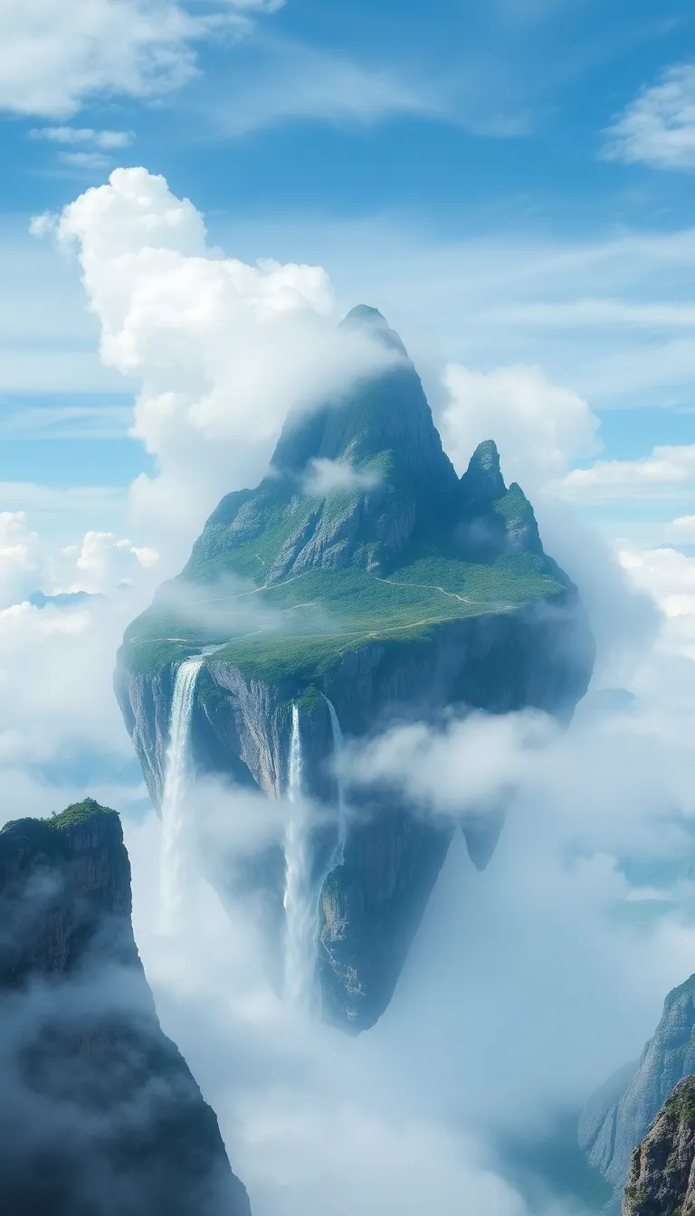 A majestic mountain peak piercing through the clouds.