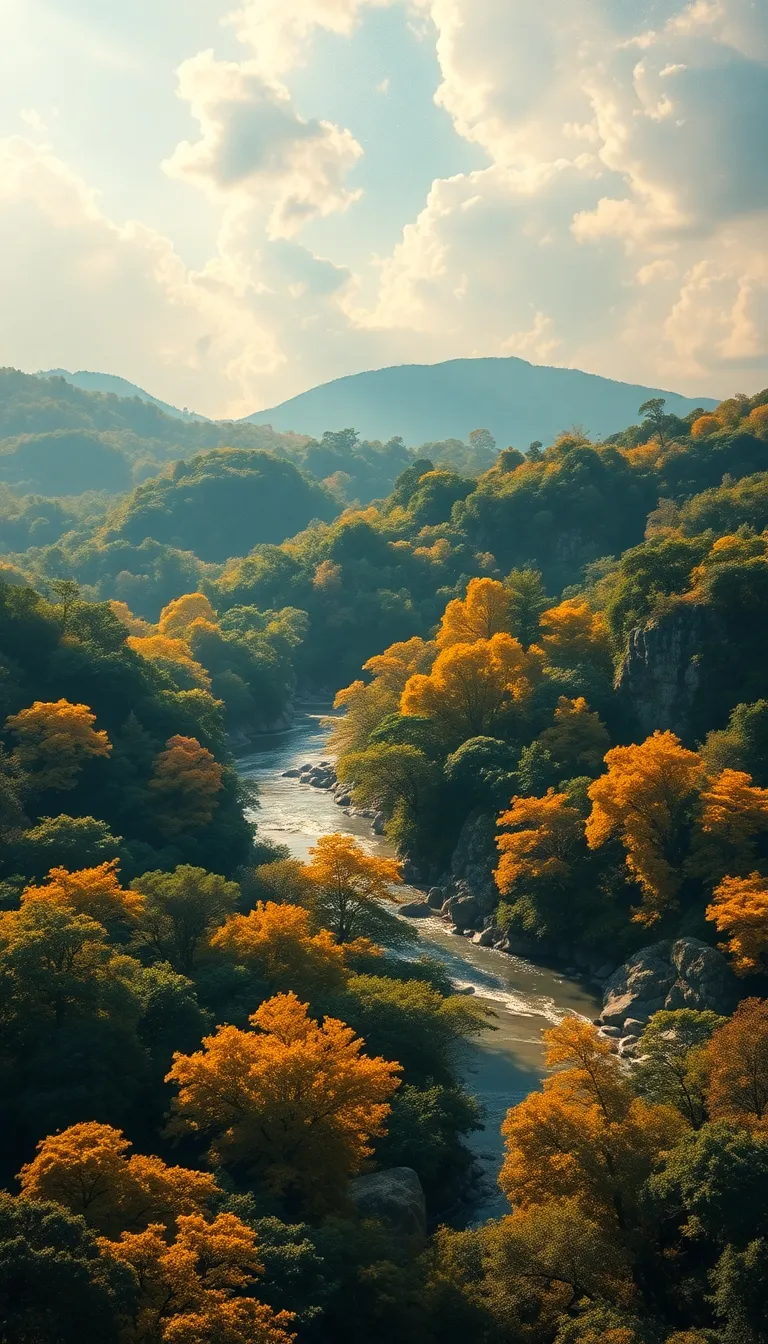 A picturesque autumn landscape with a river flowing through a valley with colorful trees.