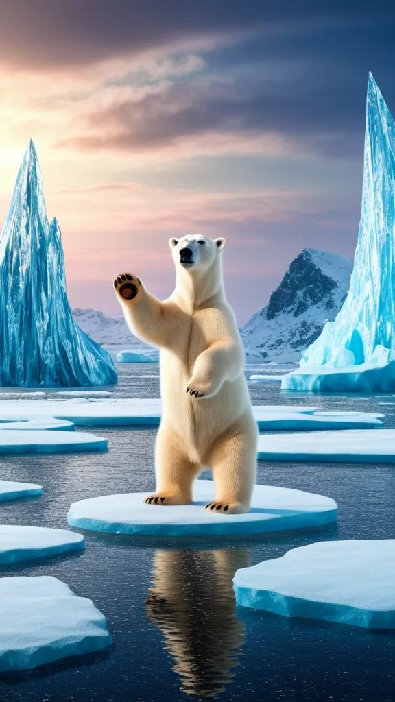 A polar bear standing on a melting ice floe in the Arctic.