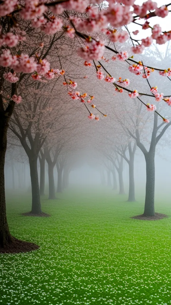 A serene spring scene with blossoming trees and a foggy forest.