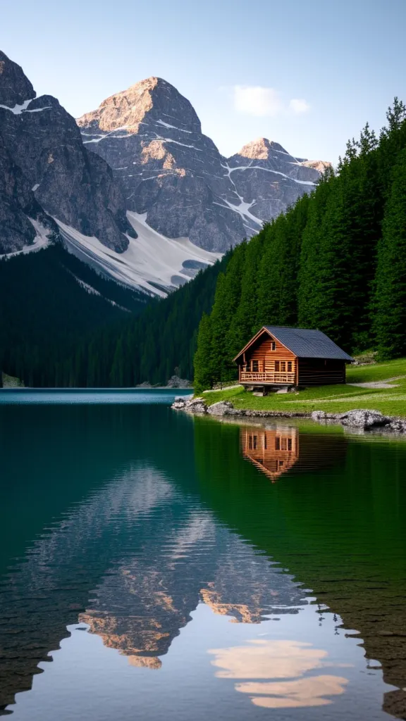 A picturesque mountain landscape with a small wooden cabin reflected in a calm lake.