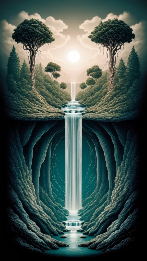 A surreal forest scene with a waterfall cascading into a deep pool.