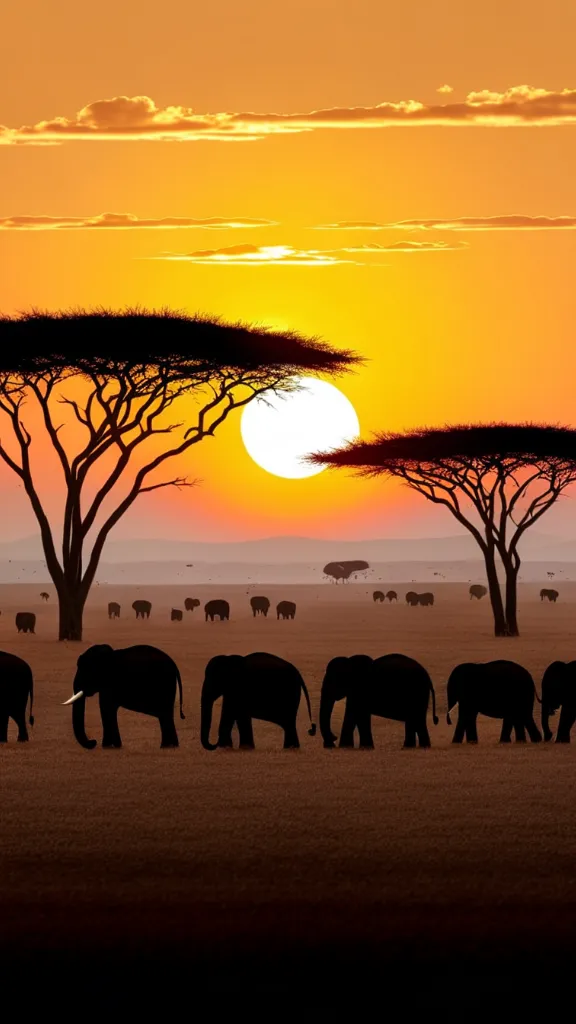 A silhouette of elephants walking across the savanna at sunset.