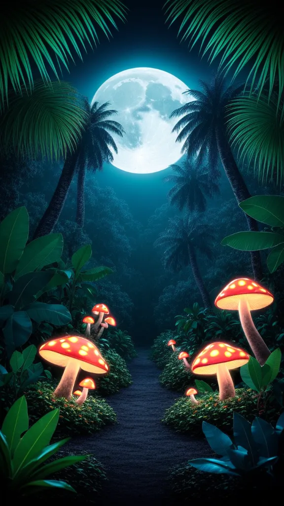 A surreal landscape with a large moon, glowing mushrooms, and a hidden path.