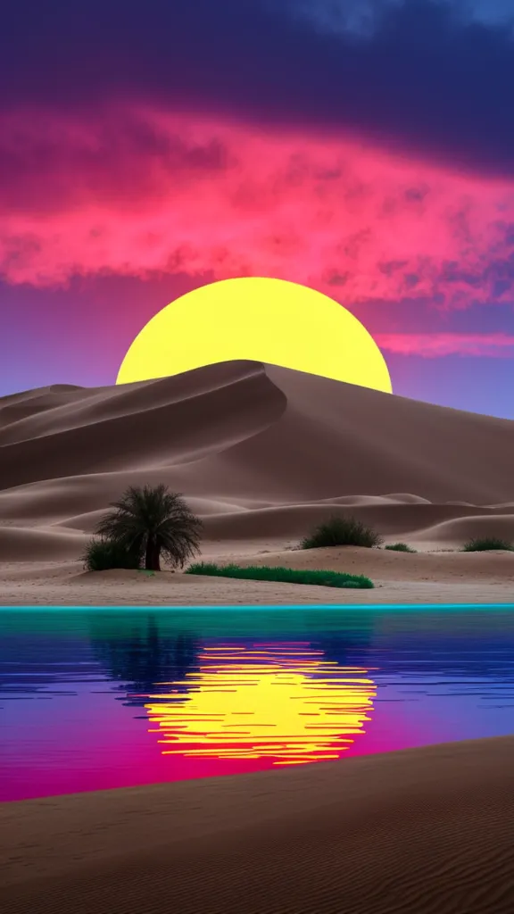 A dramatic desert landscape with a vibrant sunset reflecting on a still lake.