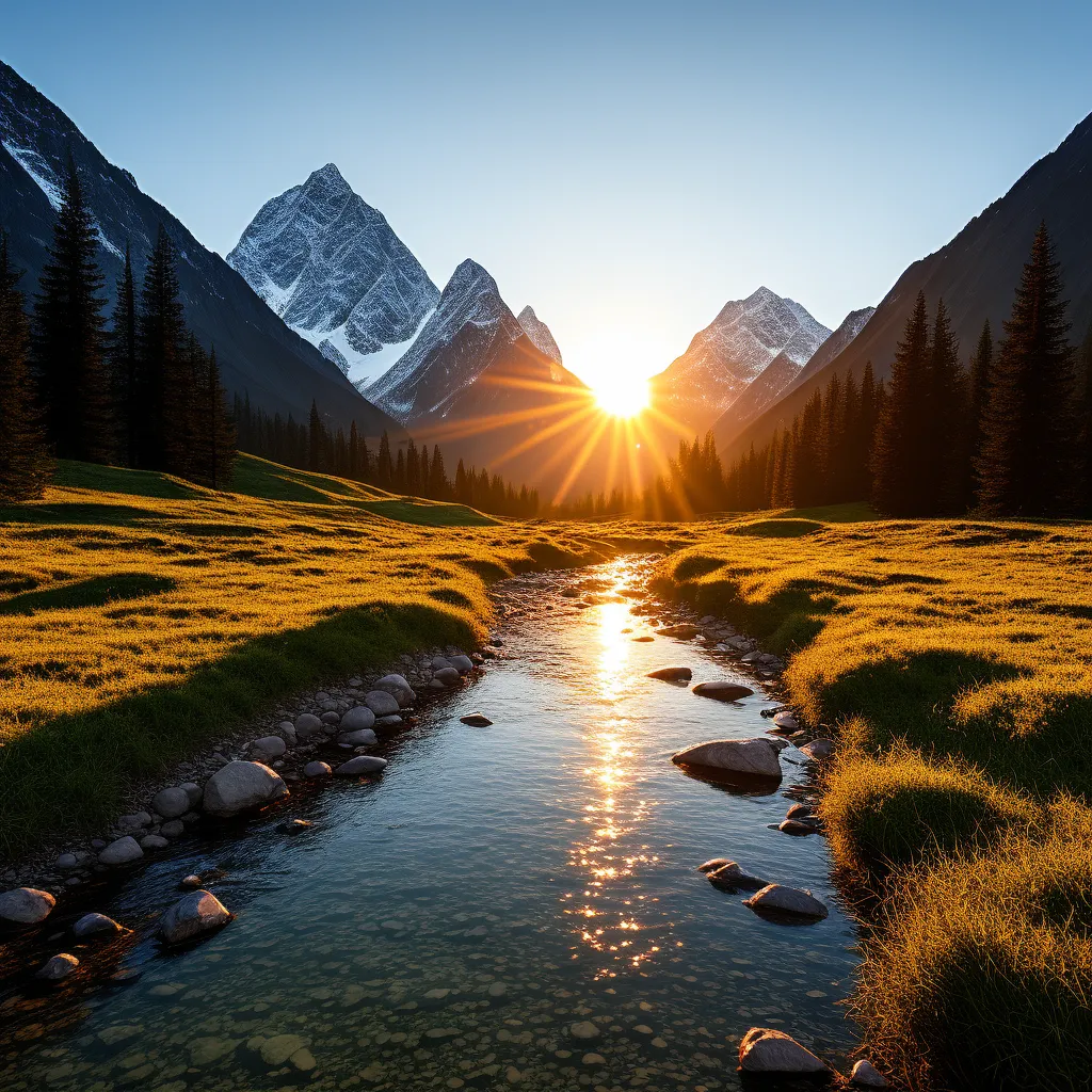 A majestic mountain range with a river flowing through a valley at sunrise.