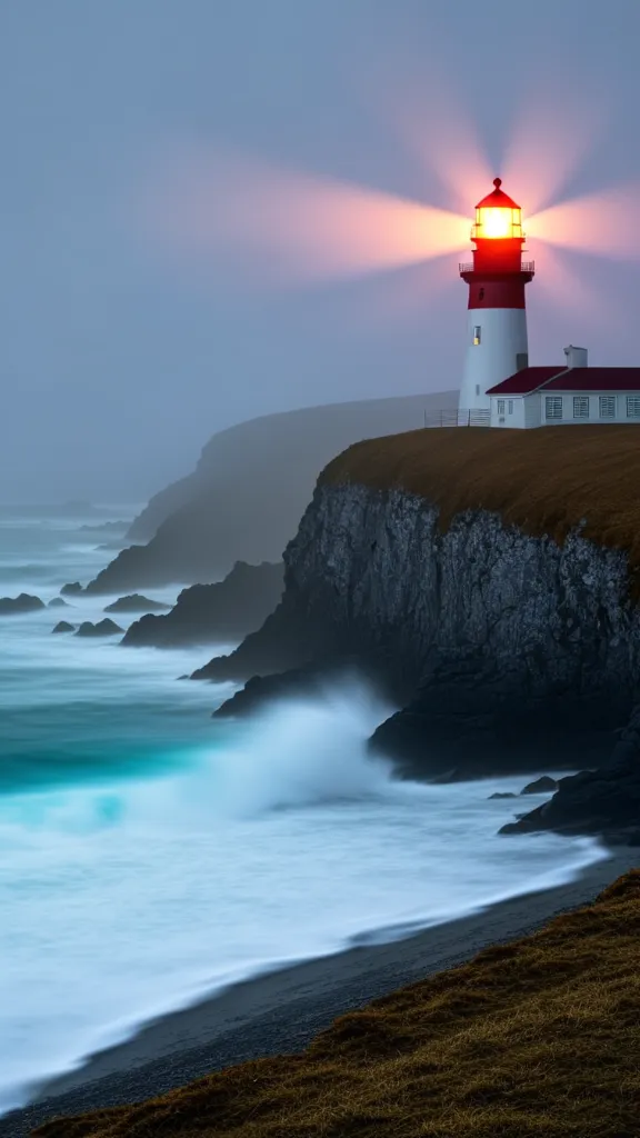 A lighthouse on a rocky cliff overlooking a stormy sea at night.