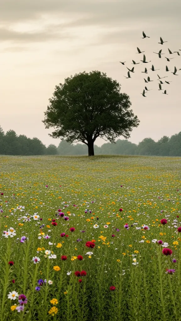 A lone tree in a field of wildflowers with birds flying overhead.