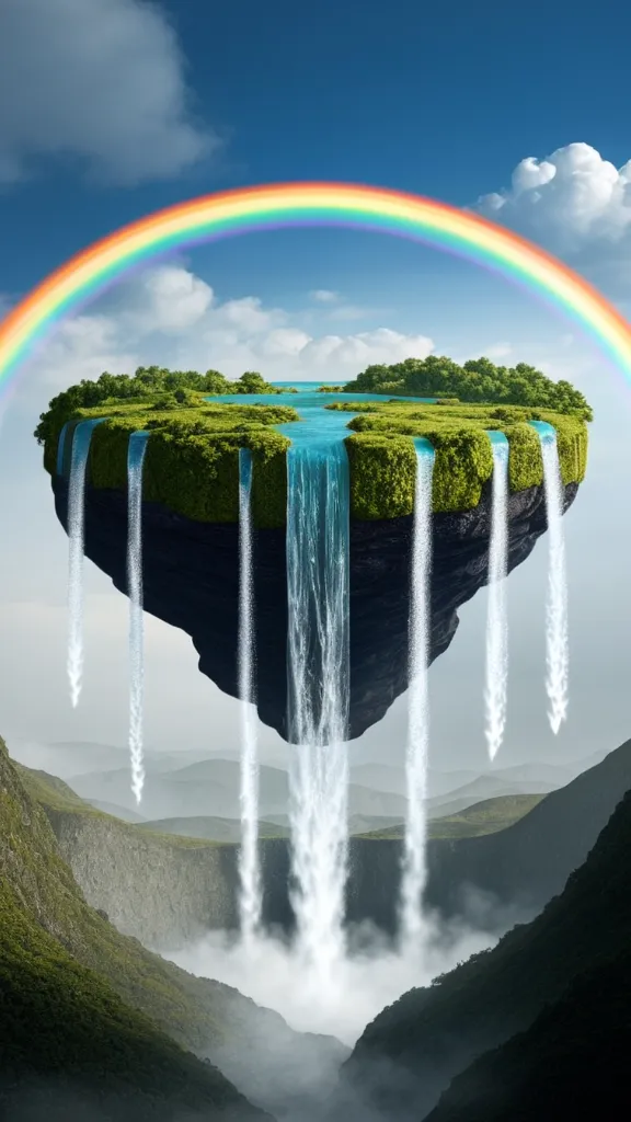 A heart-shaped island floating in the sky with a rainbow above it.