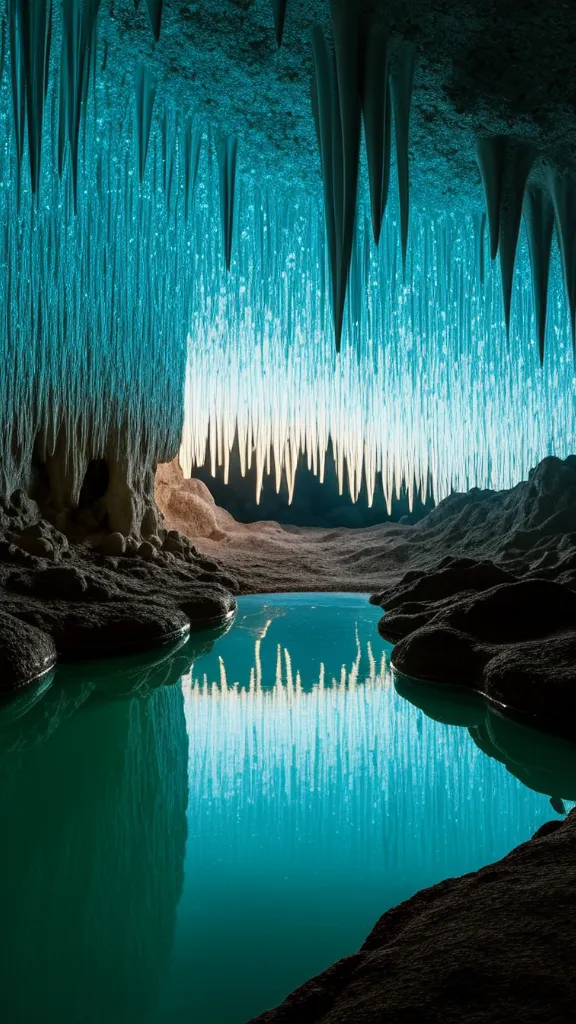 A mysterious cave with a crystal-clear pool of water.