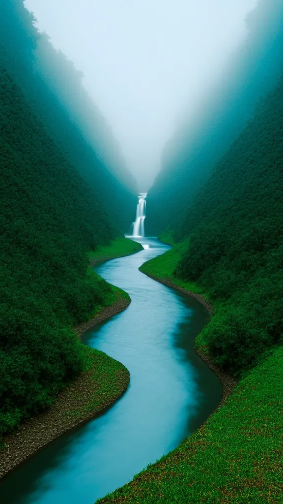 A winding river flowing through a lush green valley.