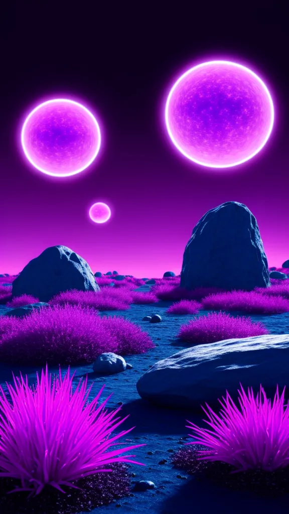 A surreal landscape with glowing purple orbs and neon-colored plants.