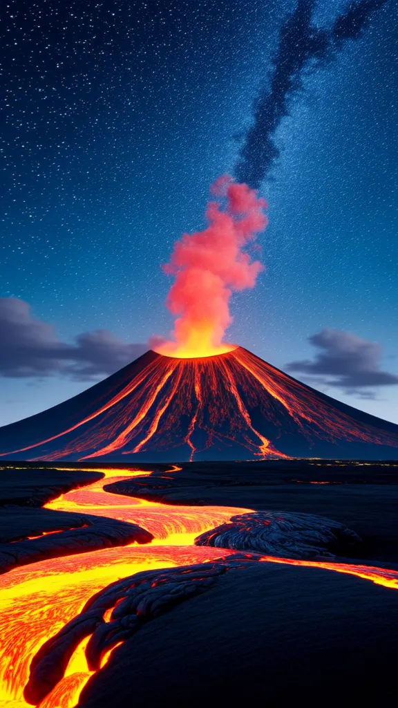 A volcano erupting at night, lava flowing down its side.