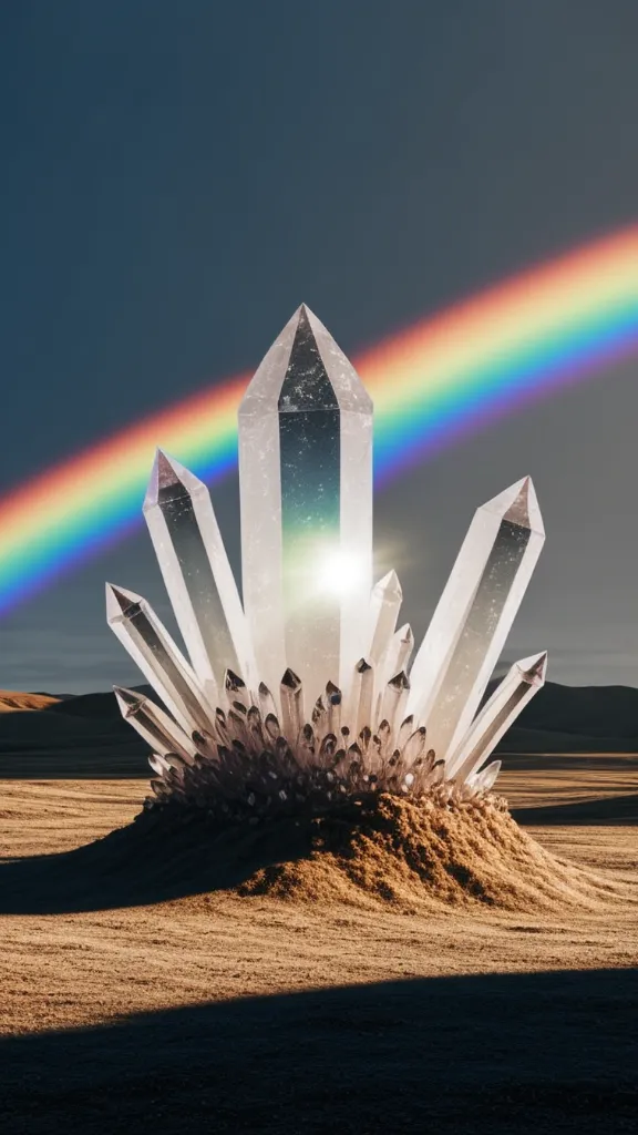 A large crystal formation with a rainbow arching over it.