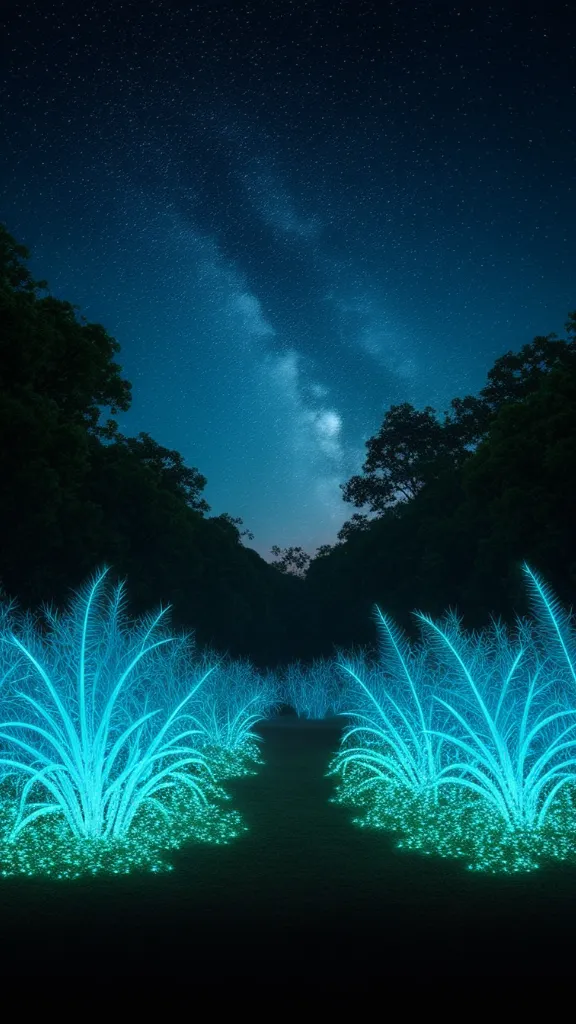 A forest lit up with glowing blue light at night with a starry sky above.