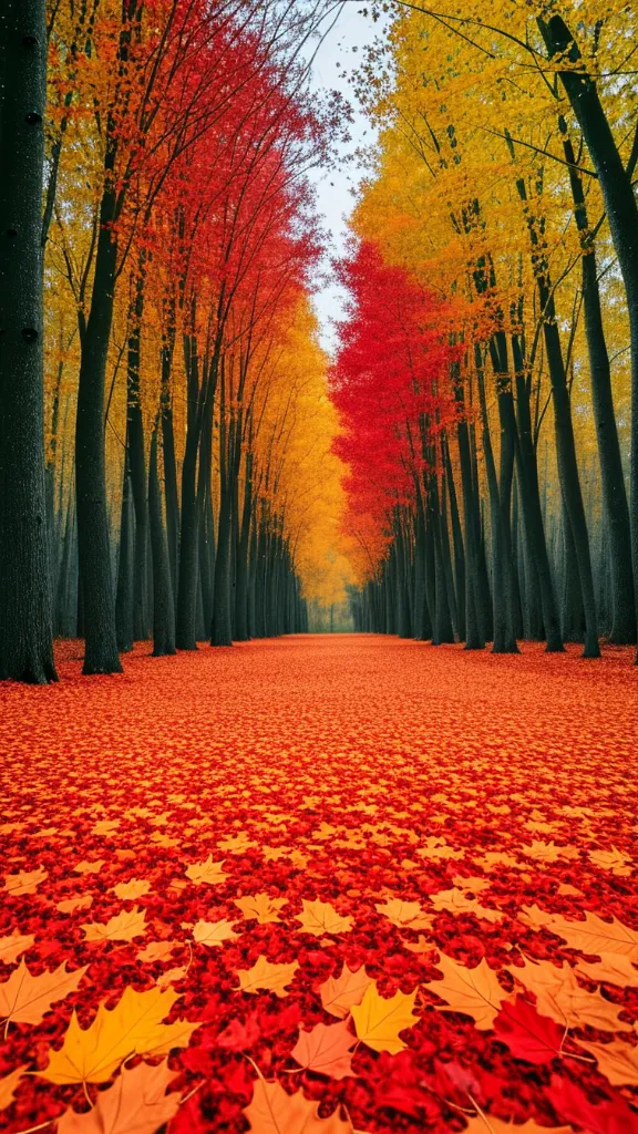 A path lined with tall, slender trees with vibrant orange leaves.