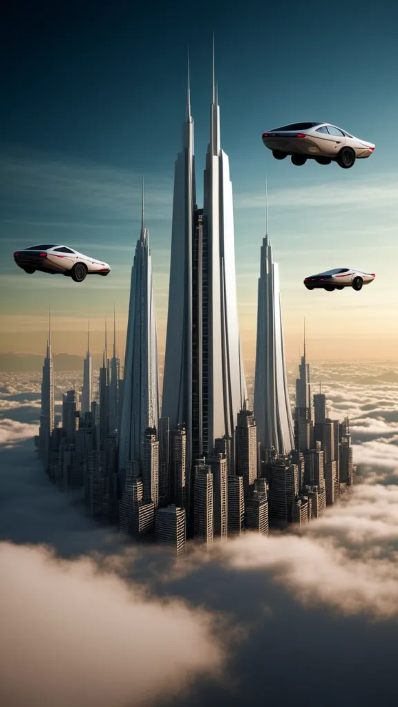 A futuristic city with towering skyscrapers reaching into the clouds.