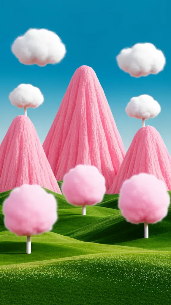 A whimsical landscape with candy floss trees and fluffy clouds.