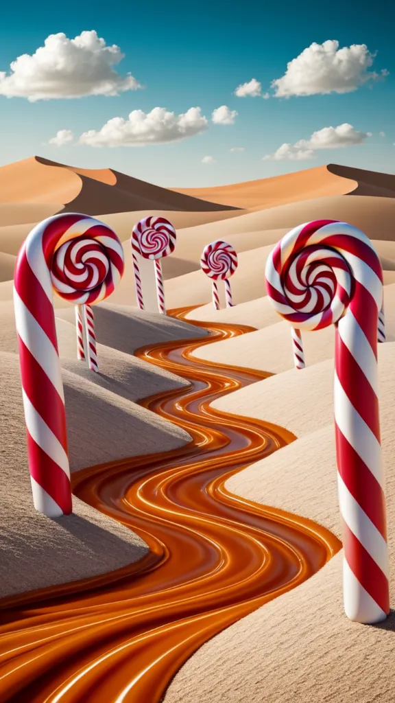 A winding road through a desert landscape with colorful candy mountains.