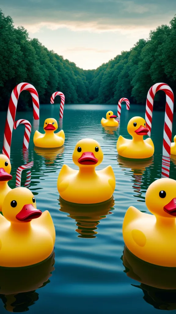 A river scene with yellow rubber ducks floating on the water. Candy canes are visible on the banks.