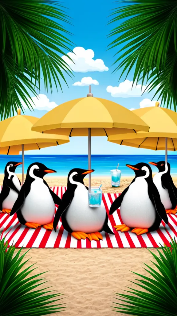 Penguins in sunglasses lounging on a beach under palm trees and umbrellas.