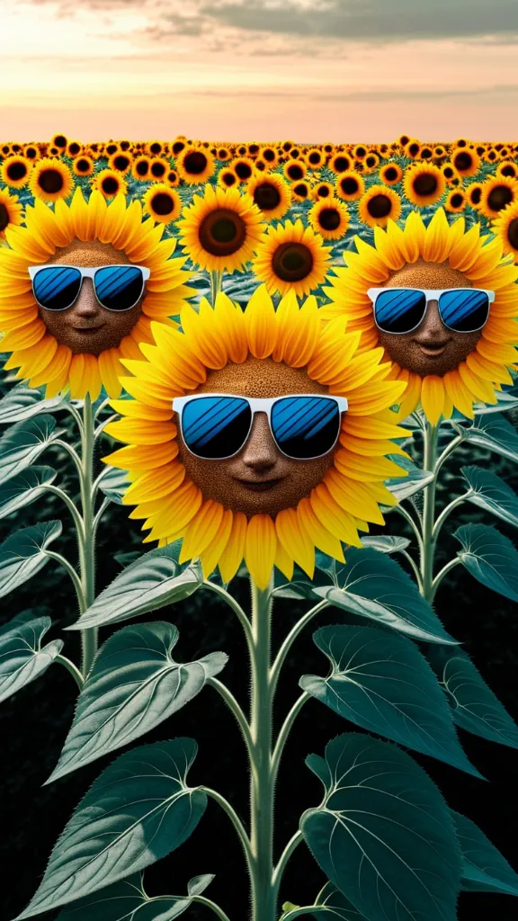 Sunflowers with sunglasses looking at the camera.